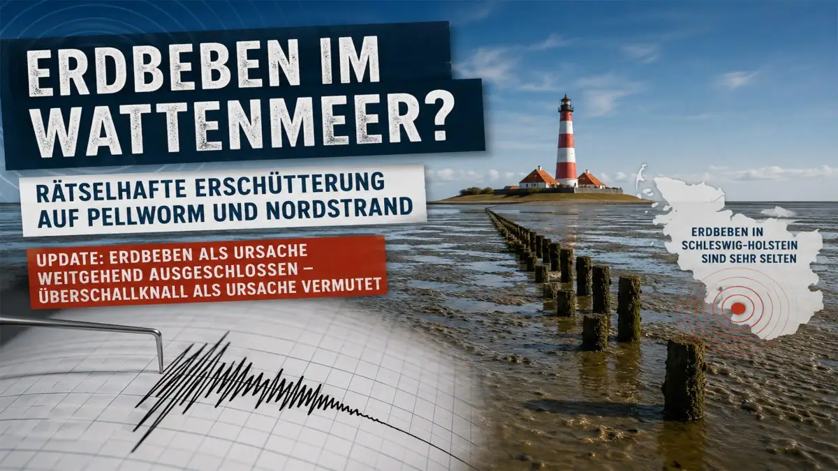 Symbolbild zu einer rätselhaften Erschütterung im Wattenmeer bei Pellworm und Nordstrand – mit Leuchtturm, Wattlandschaft und seismografischer Darstellung.