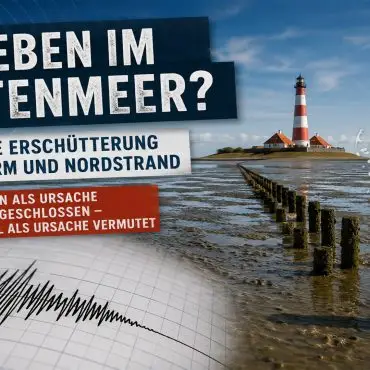 Symbolbild zu einer rätselhaften Erschütterung im Wattenmeer bei Pellworm und Nordstrand – mit Leuchtturm, Wattlandschaft und seismografischer Darstellung.