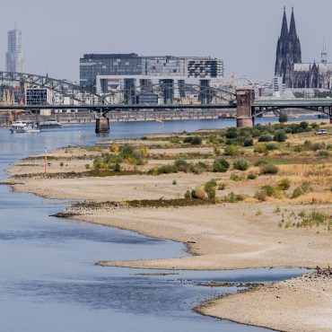 Blick auf Köln mit Sandbänken am Rhein.