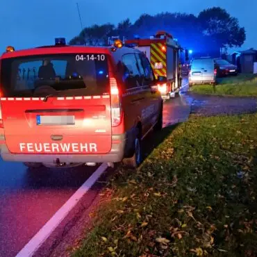 Einsatzfahrzeuge der Freiwilligen Feuerwehr Dagebüll am Holländerdeich in Fahretoft bei einer Großtierrettung eines 500 Kilogramm schweren Bullen.