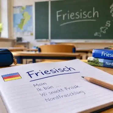 Symbolbild zum Friesischunterricht: Schulheft mit der Aufschrift „Friesisch“, Schulbücher und eine Schultafel in einem Klassenzimmer.