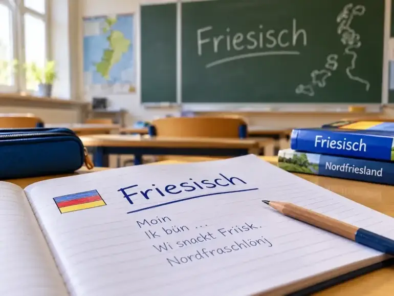 Symbolbild zum Friesischunterricht: Schulheft mit der Aufschrift „Friesisch“, Schulbücher und eine Schultafel in einem Klassenzimmer.