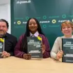 Schleswig-Holsteins Grünen-Spitzenkandidatin Aminata Toure (M) und die beiden Landesvorsitzenden Gazi Freitag und Lydia Rudow wollen die Grünen in die Landtagswahl führen.